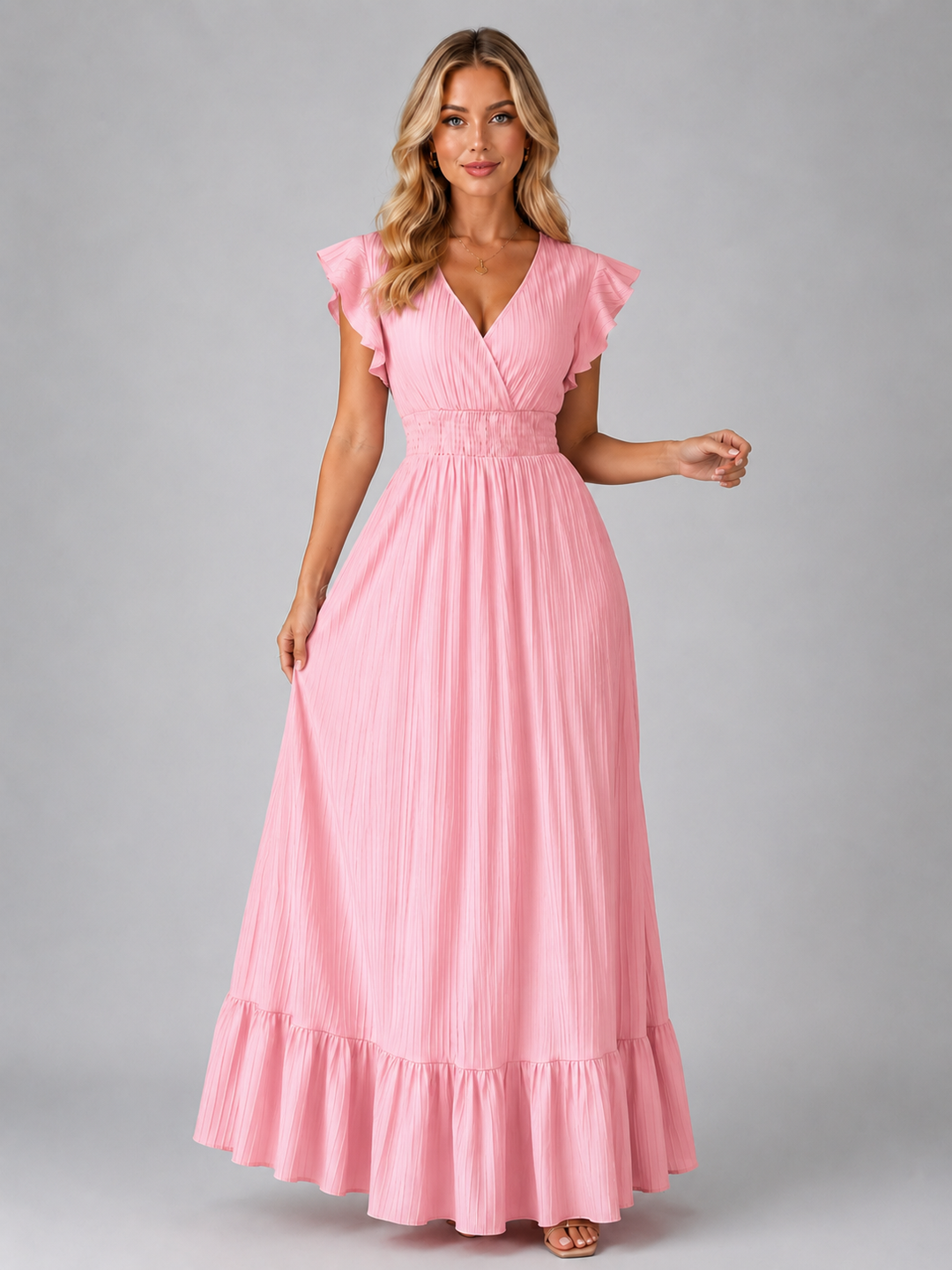 Women’s Pleated Maxi Dress with Flutter Sleeves