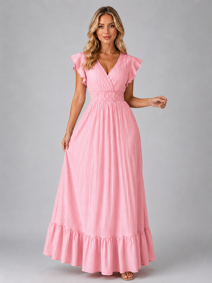 Women’s Pleated Maxi Dress with Flutter Sleeves