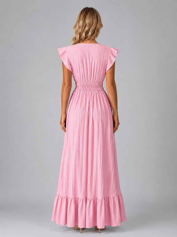 Women’s Pleated Maxi Dress with Flutter Sleeves