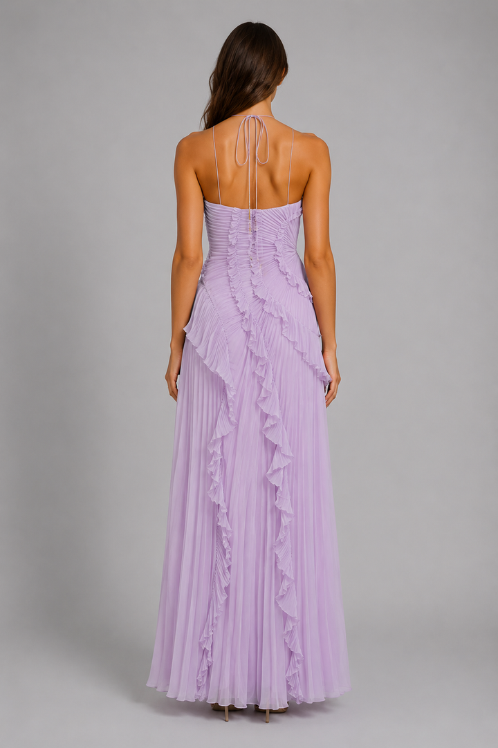 Women’s Pleated Maxi Dress with Halter Neckline