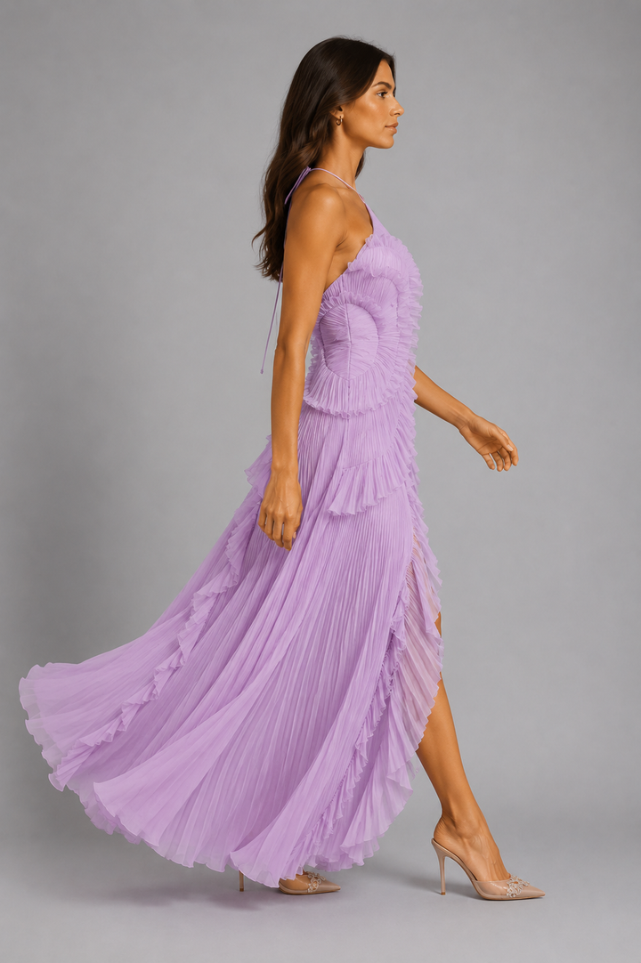 Women’s Pleated Maxi Dress with Halter Neckline