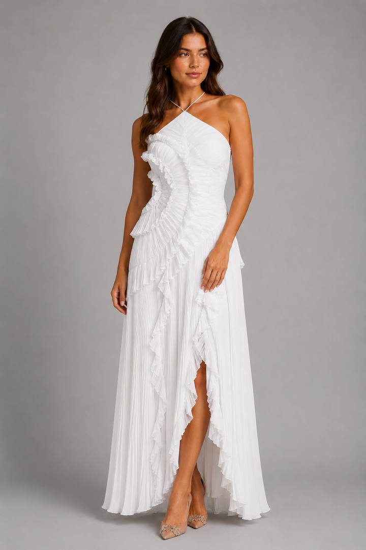 Women’s Pleated Maxi Dress with Halter Neckline