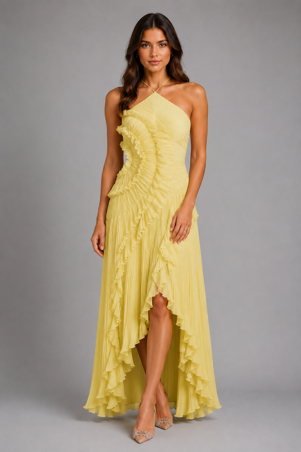 Women’s Pleated Maxi Dress with Halter Neckline