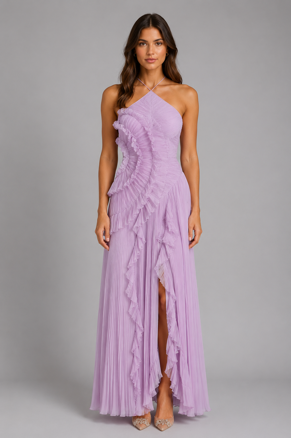 Women’s Pleated Maxi Dress with Halter Neckline