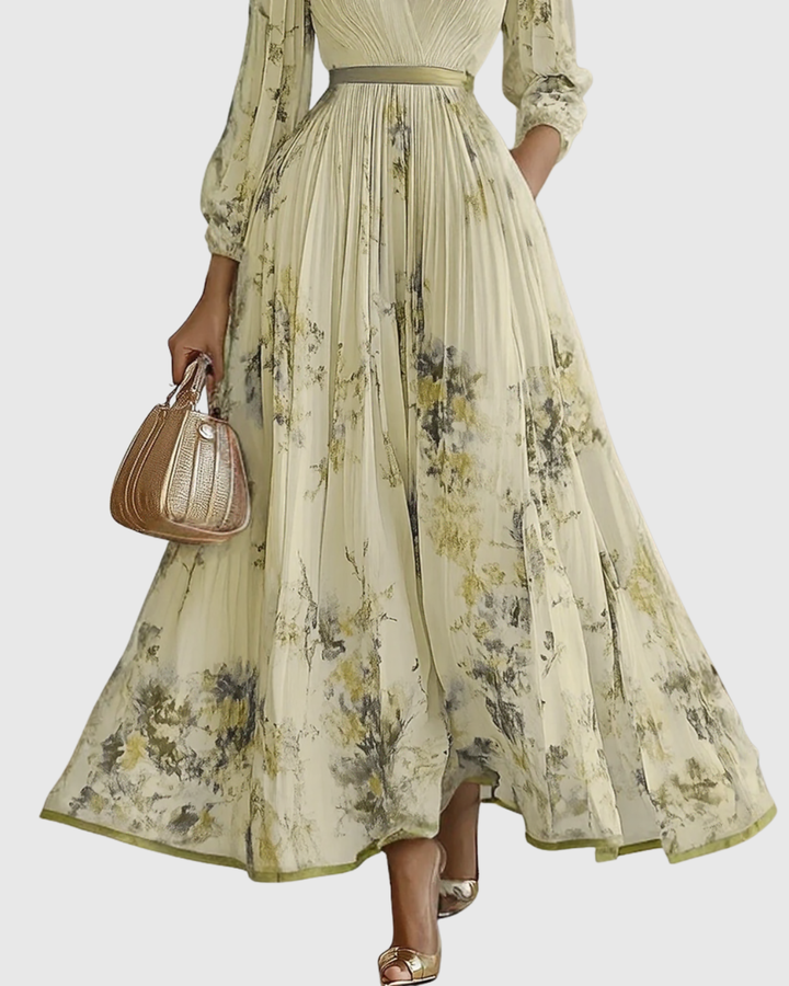 Women's Pleated Maxi Dress with Ribbon Waist for Garden Parties
