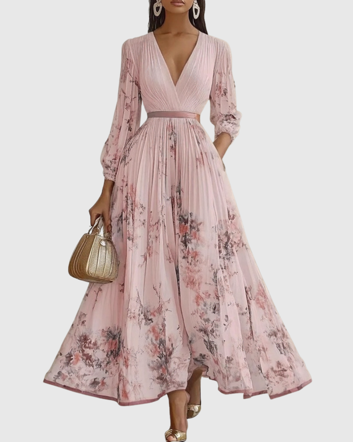 Women's Pleated Maxi Dress with Ribbon Waist for Garden Parties