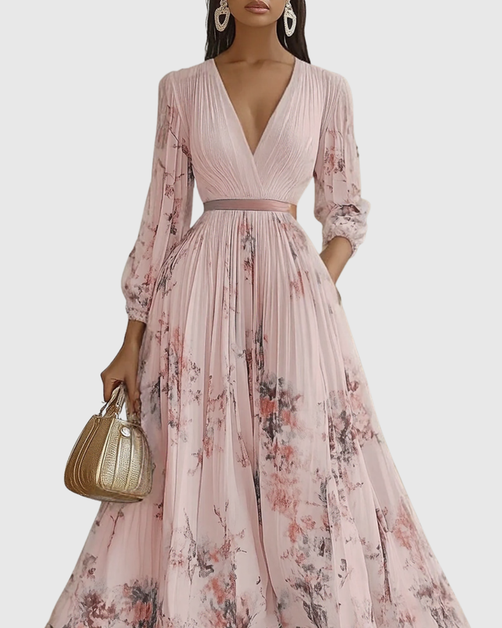 Women's Pleated Maxi Dress with Ribbon Waist for Garden Parties