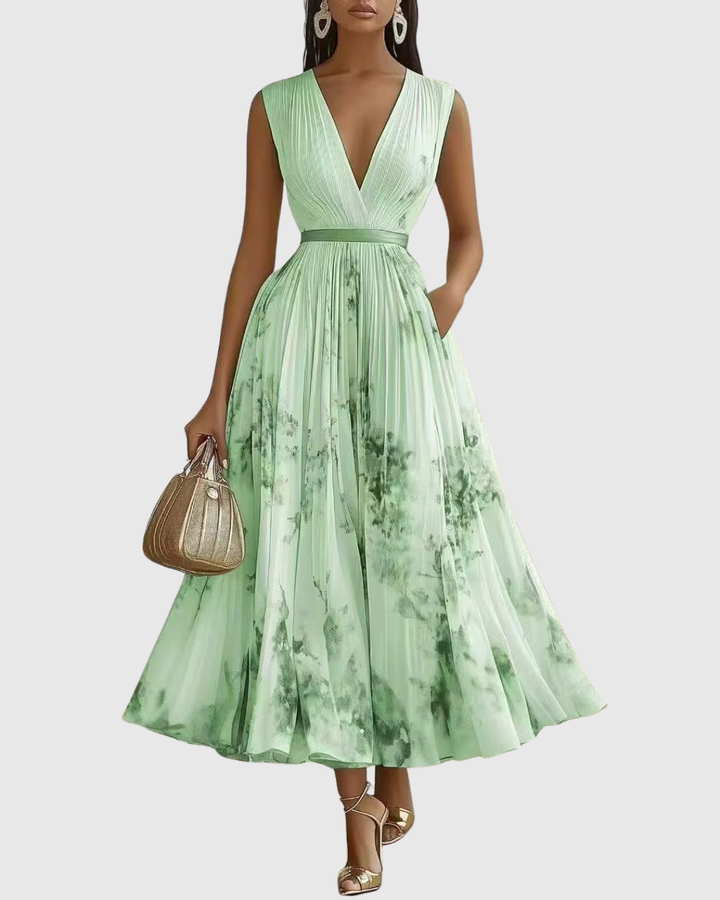 Women's Pleated Maxi Dress with Ribbon Waist for Garden Parties