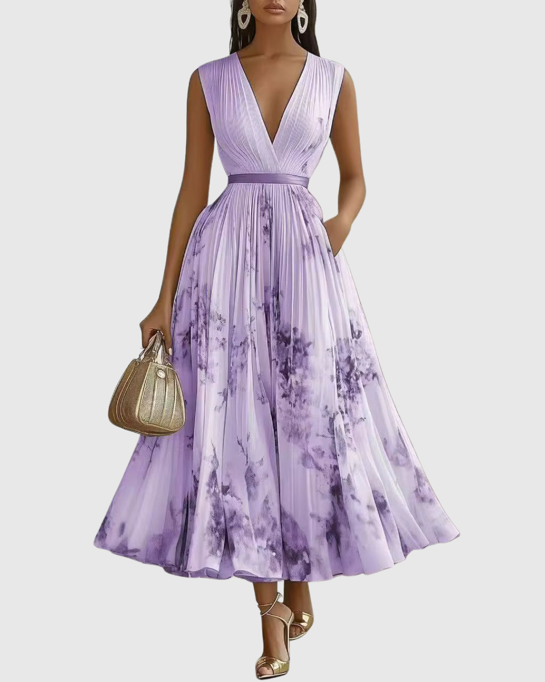 Women's Pleated Maxi Dress with Ribbon Waist for Garden Parties