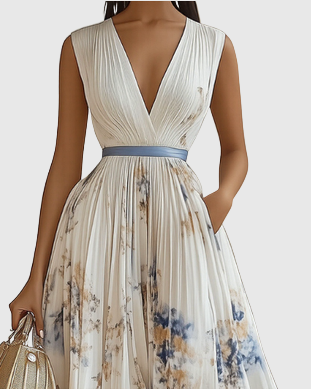 Women's Pleated Maxi Dress with Ribbon Waist for Garden Parties