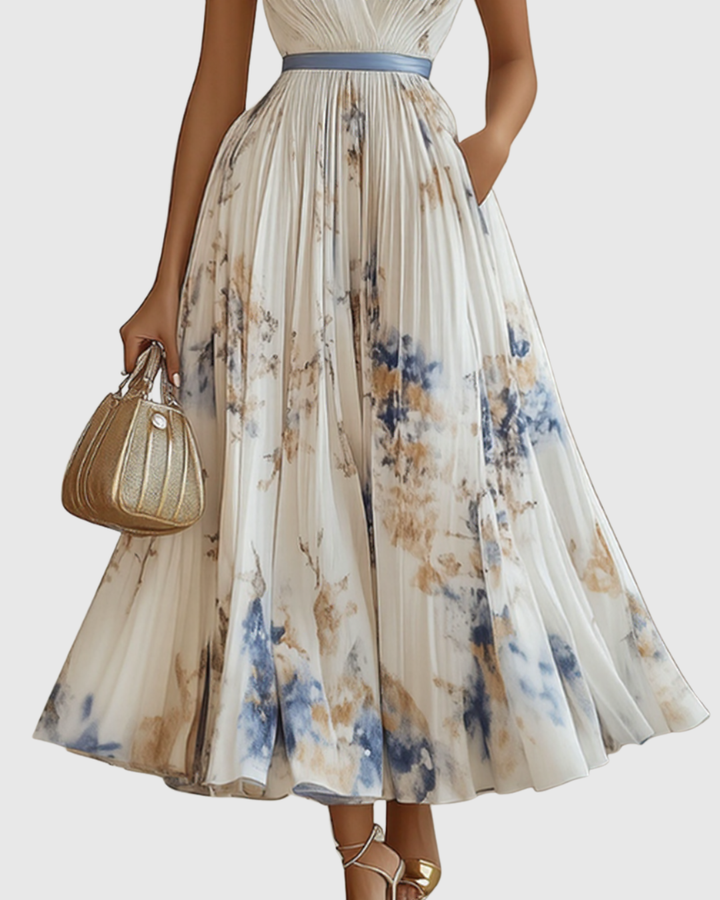 Women's Pleated Maxi Dress with Ribbon Waist for Garden Parties