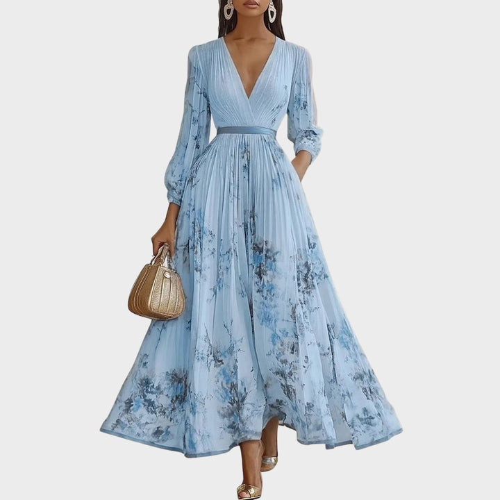 Women's Pleated Maxi Dress with Ribbon Waist for Garden Parties