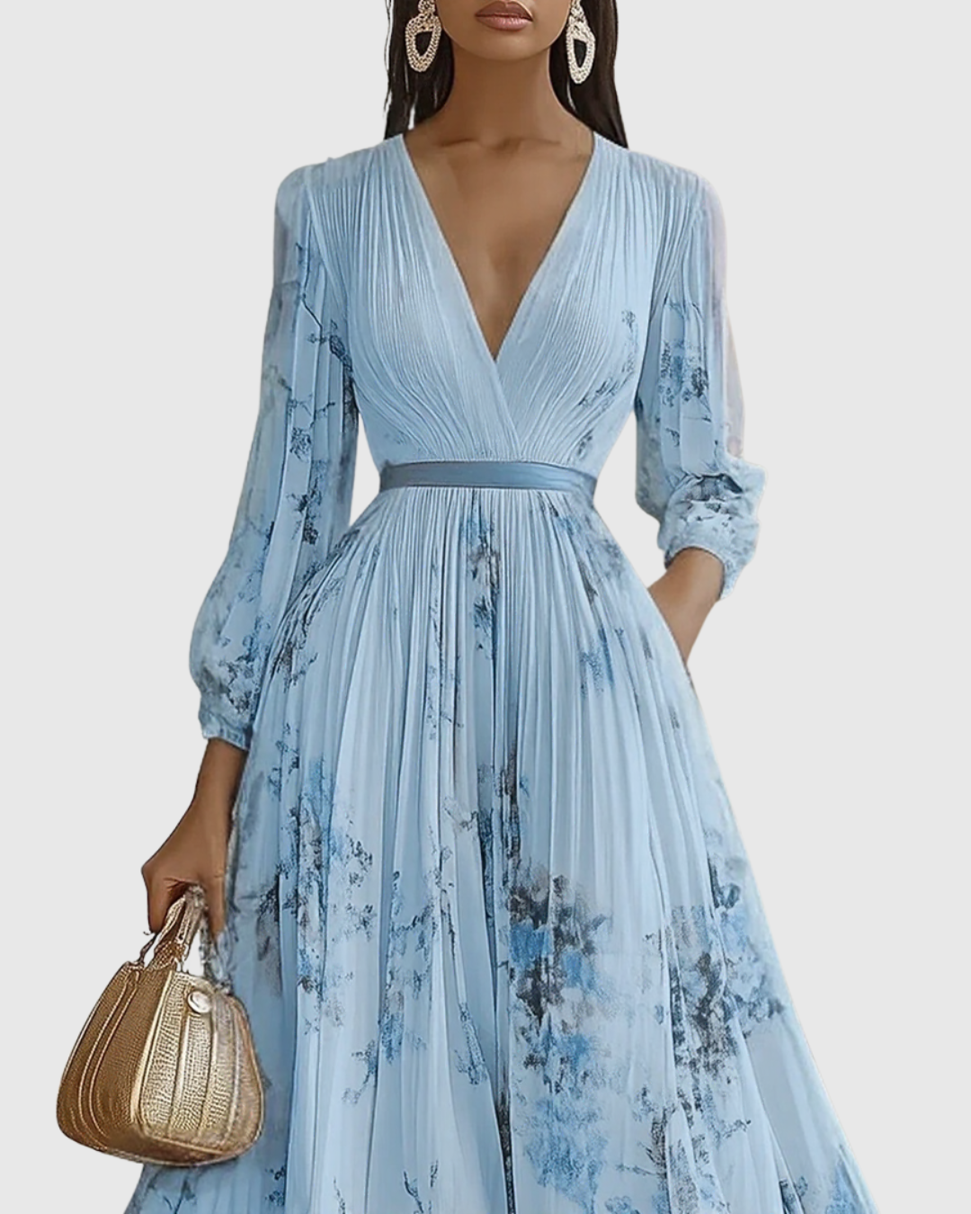 Women's Pleated Maxi Dress with Ribbon Waist for Garden Parties
