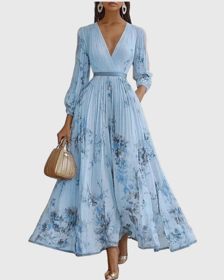 Women's Pleated Maxi Dress with Ribbon Waist for Garden Parties