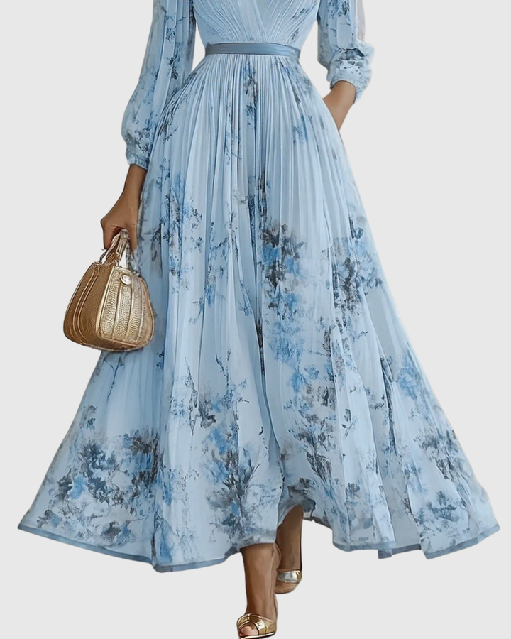 Women's Pleated Maxi Dress with Ribbon Waist for Garden Parties