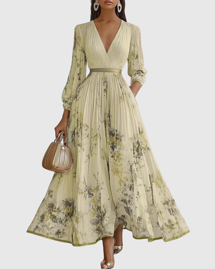 Women's Pleated Maxi Dress with Ribbon Waist for Garden Parties