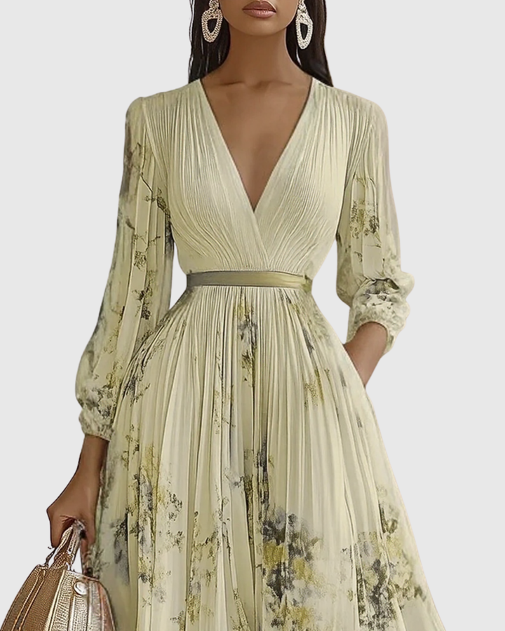 Women's Pleated Maxi Dress with Ribbon Waist for Garden Parties