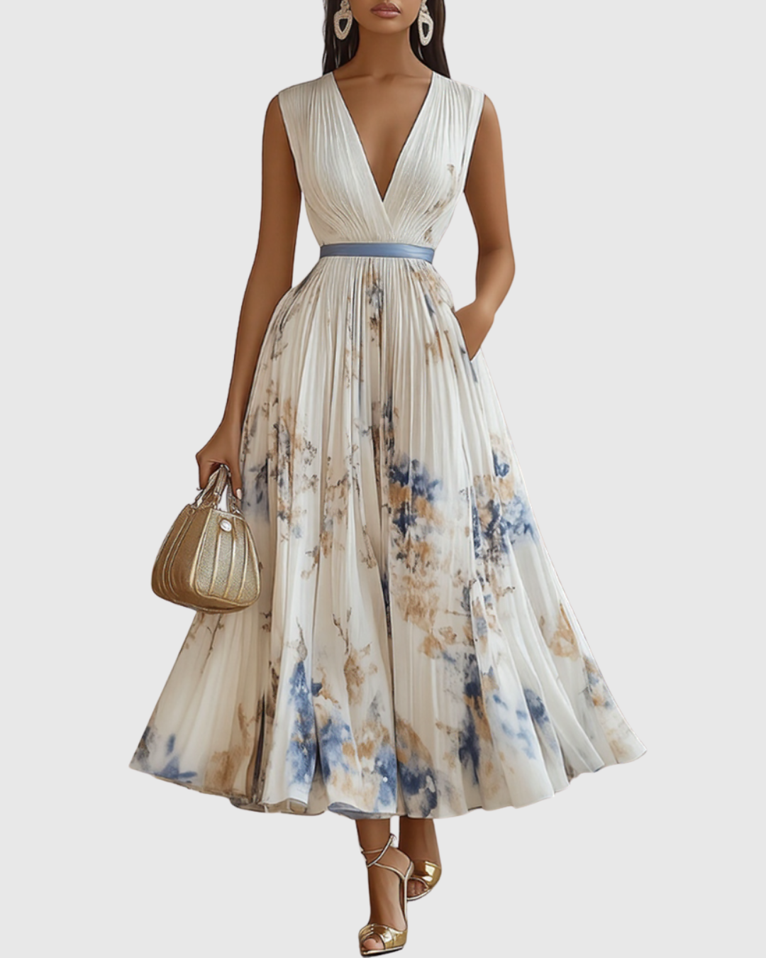 Women's Pleated Maxi Dress with Ribbon Waist for Garden Parties