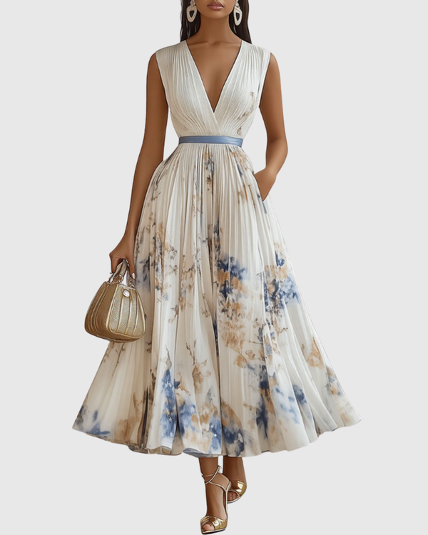 Women's Pleated Maxi Dress with Ribbon Waist for Garden Parties
