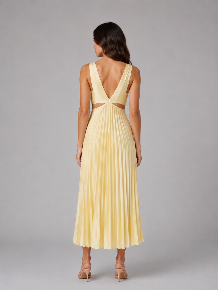 Women’s Pleated Midi Dress with Cut-Out Waist