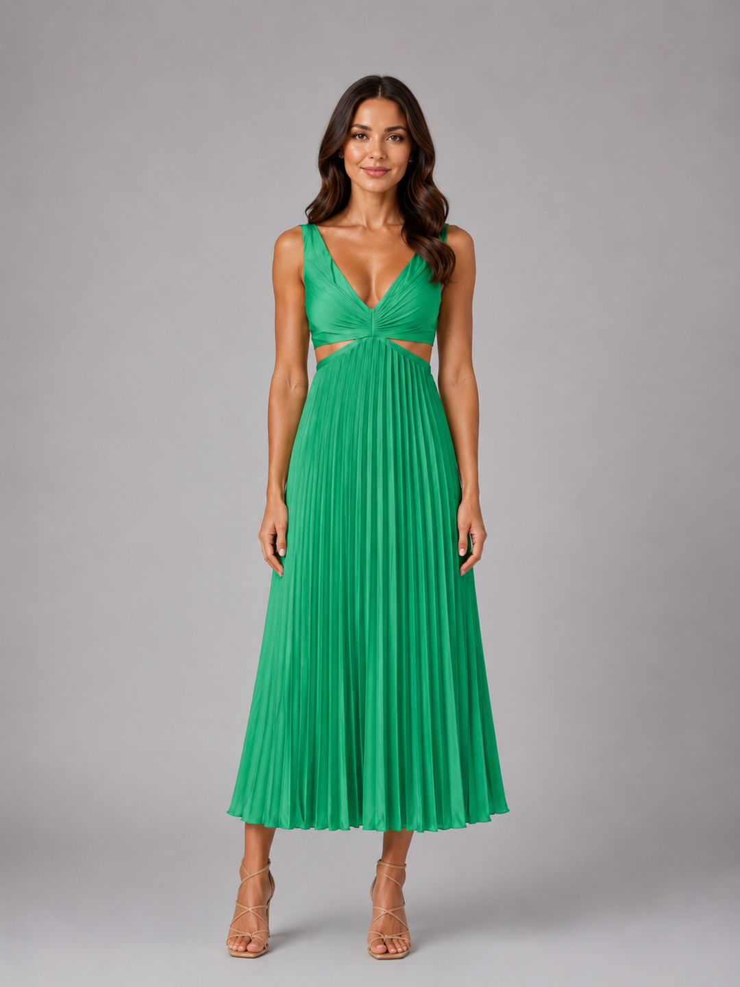 Women’s Pleated Midi Dress with Cut-Out Waist