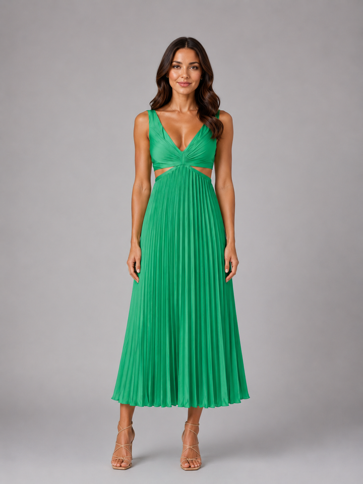 Women’s Pleated Midi Dress with Cut-Out Waist