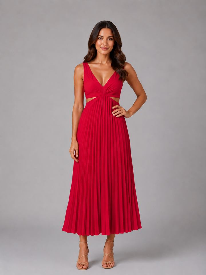 Women’s Pleated Midi Dress with Cut-Out Waist