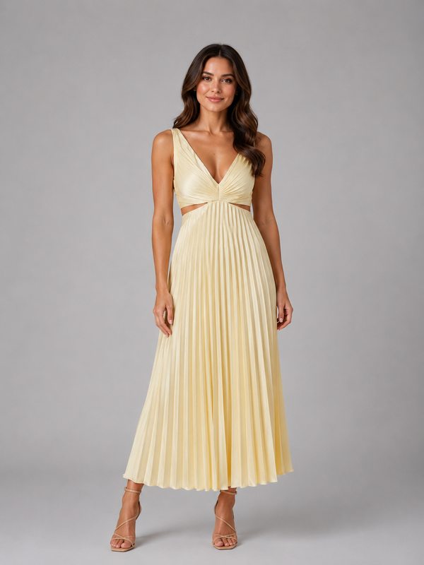 Women’s Pleated Midi Dress with Cut-Out Waist
