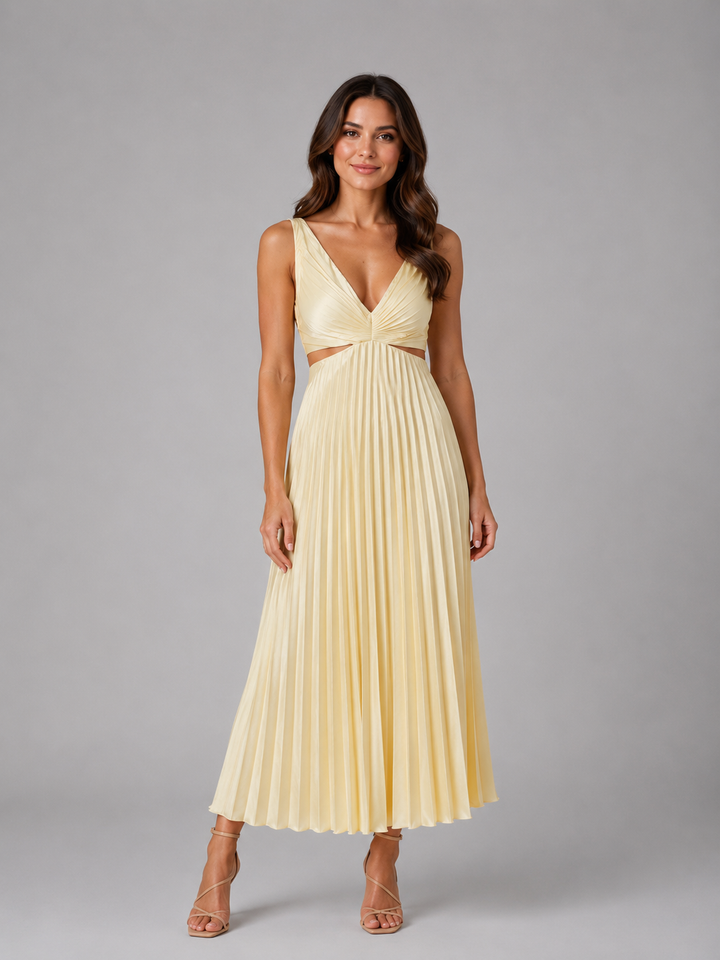 Women’s Pleated Midi Dress with Cut-Out Waist