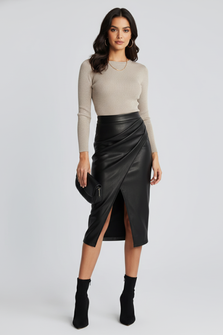Women's Pleated Midi Skirt with Front Split for Work