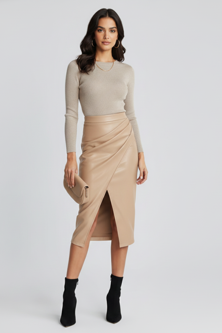 Women's Pleated Midi Skirt with Front Split for Work