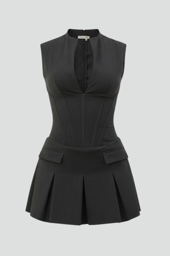 Women's Pleated Mini Dress with Keyhole Neck for Evening