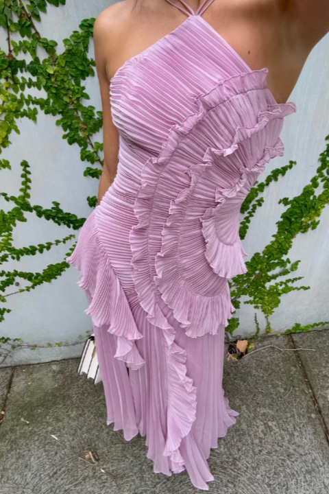 Women's Pleated Ruffle Halter Midi Dress for Weddings