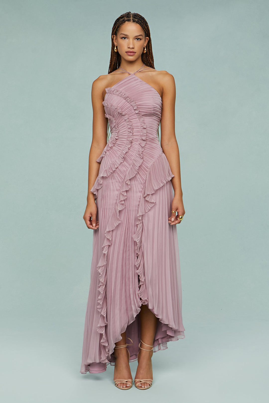 Women's Pleated Ruffle Halter Midi Dress for Weddings