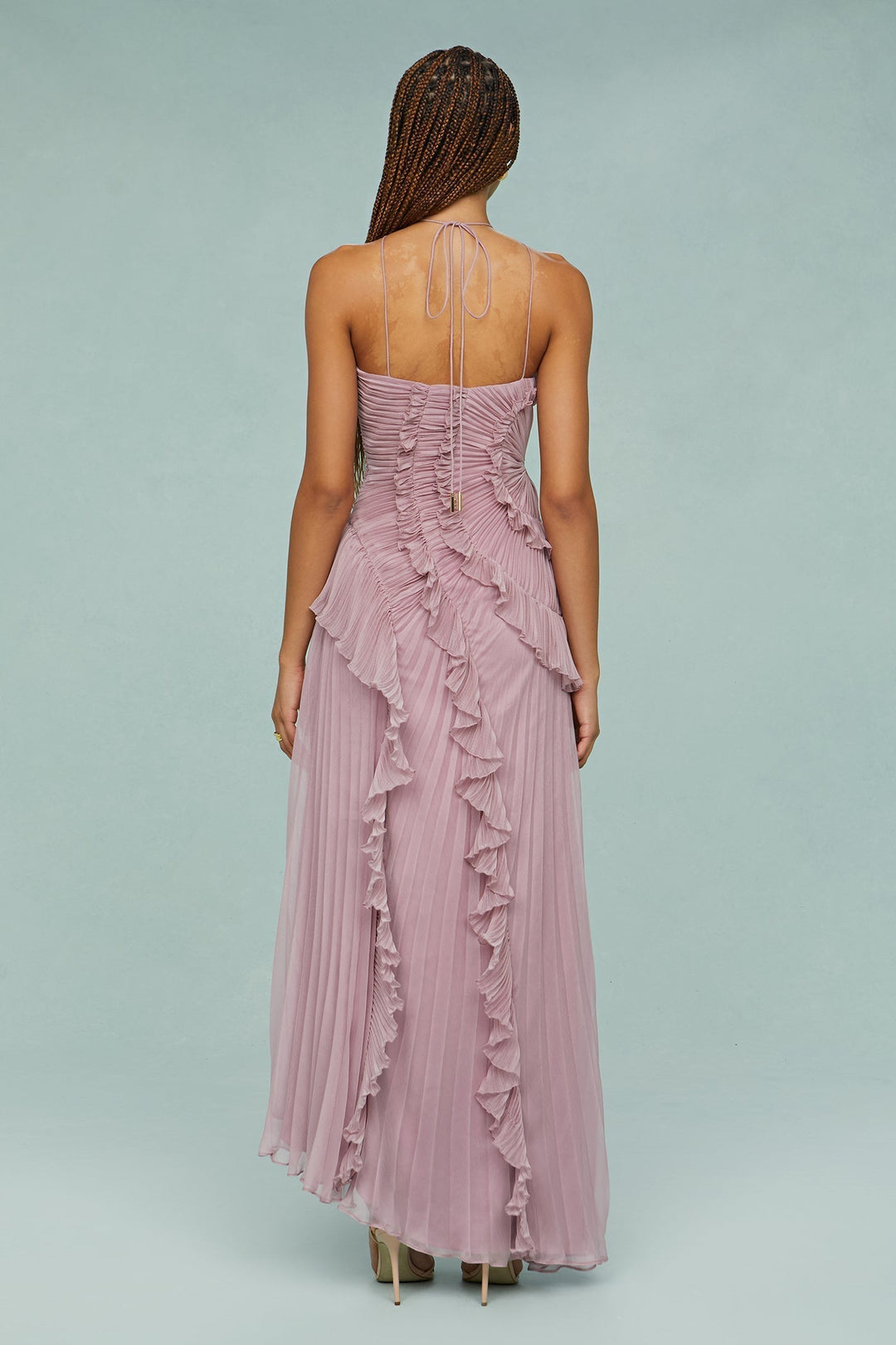 Women's Pleated Ruffle Halter Midi Dress for Weddings