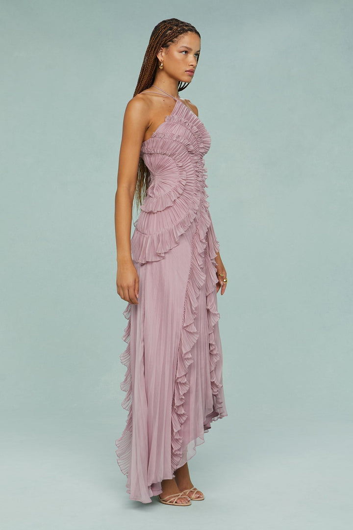Women's Pleated Ruffle Halter Midi Dress for Weddings