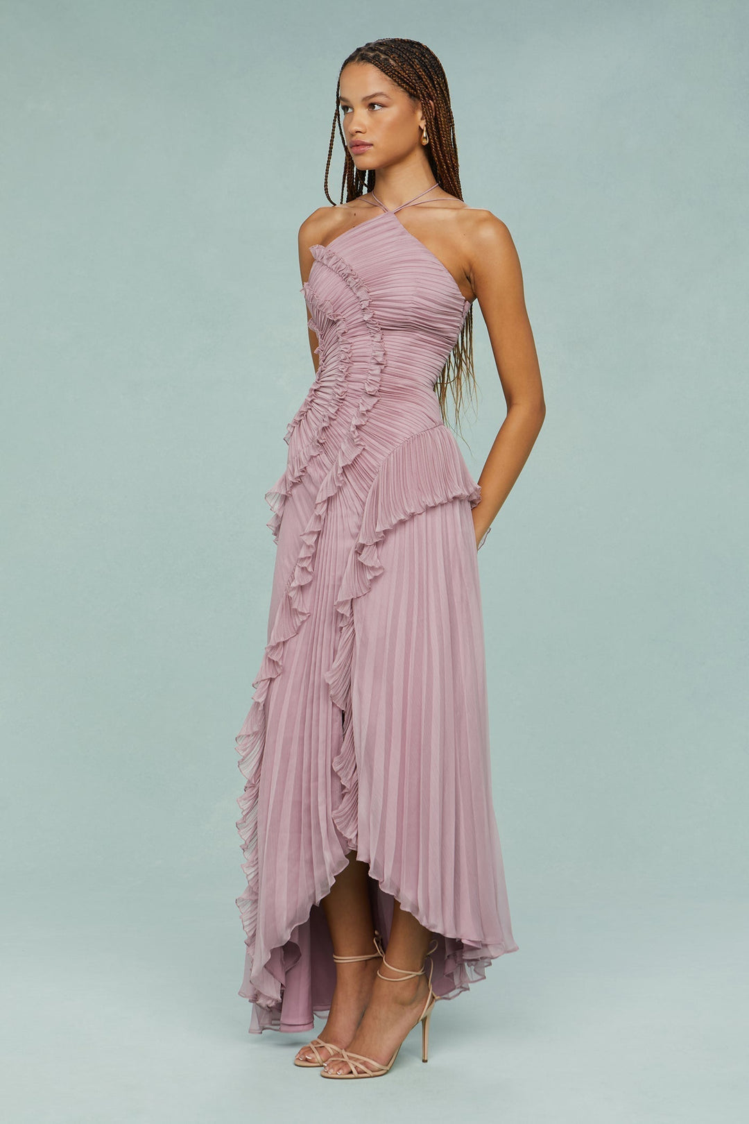 Women's Pleated Ruffle Halter Midi Dress for Weddings