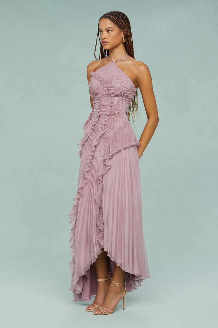 Women's Pleated Ruffle Halter Midi Dress for Weddings