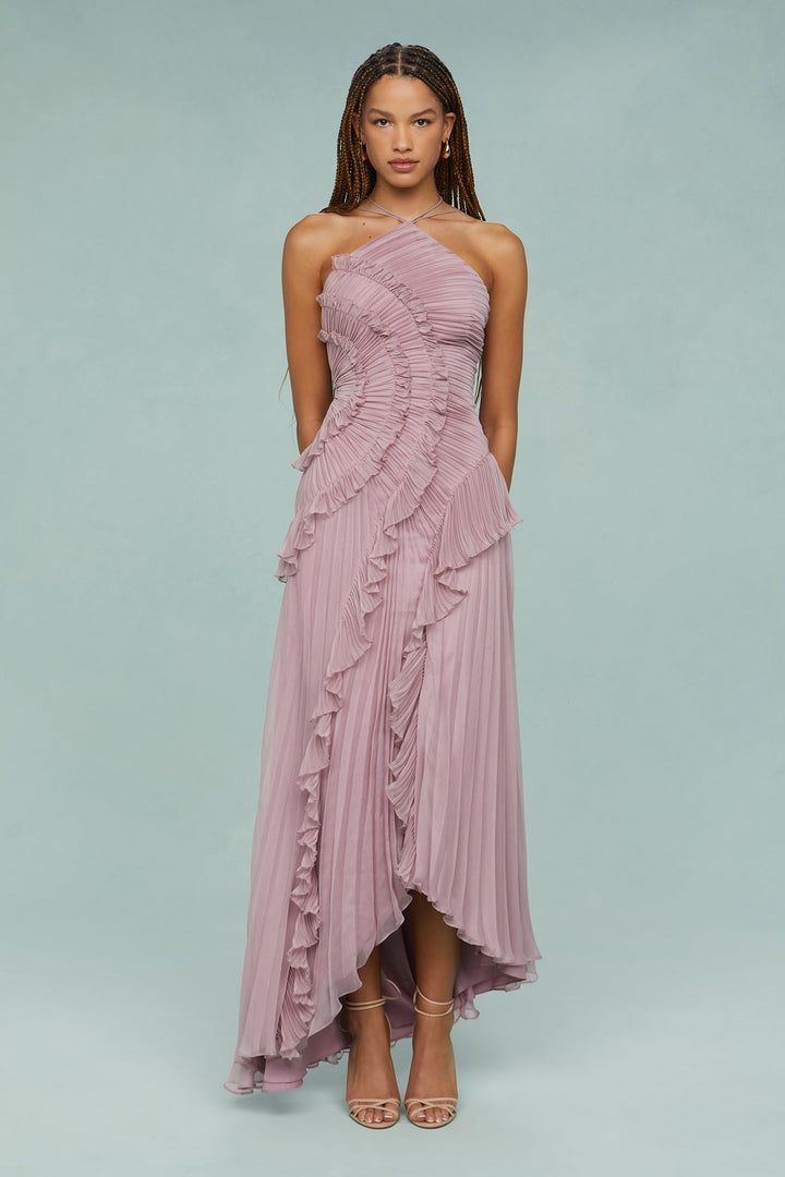 Women's Pleated Ruffle Halter Midi Dress for Weddings