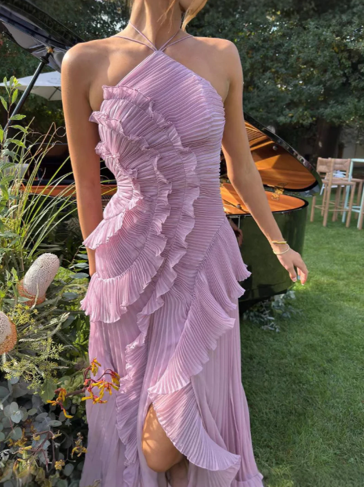 Women's Pleated Ruffle Halter Midi Dress for Weddings