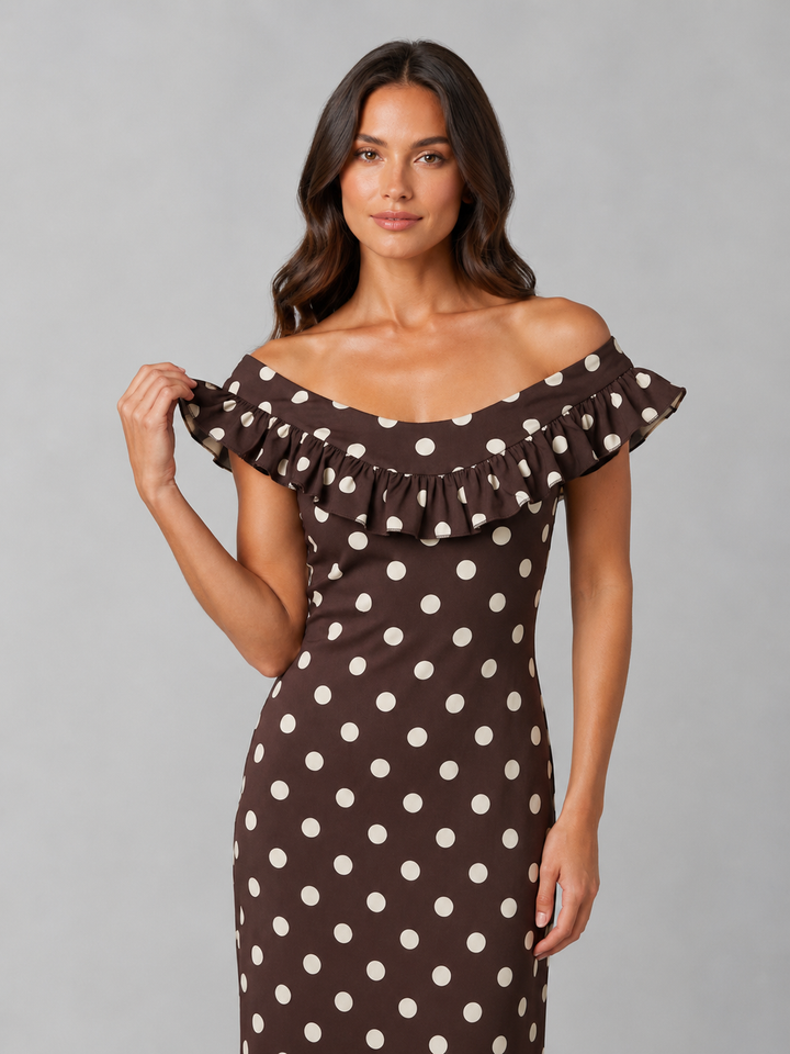 Women’s Polka Dot Maxi Dress with Off-Shoulder-Neckline