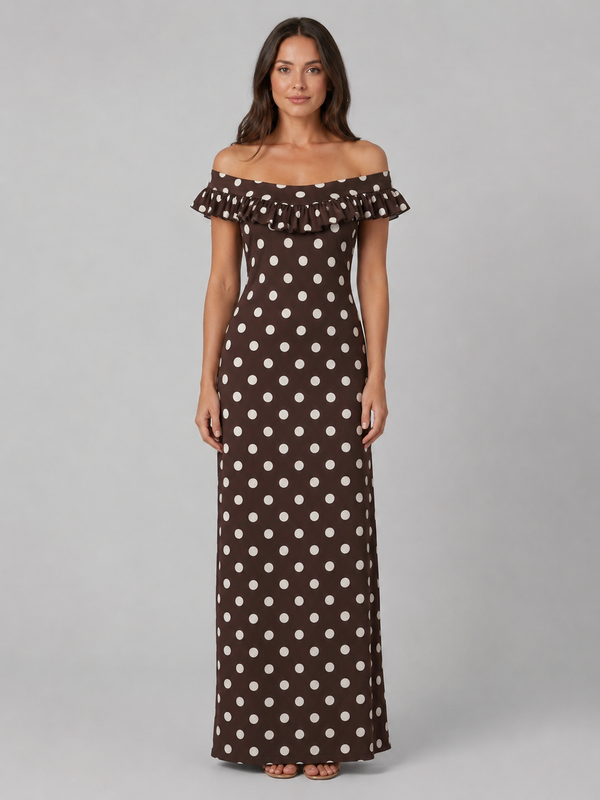 Women’s Polka Dot Maxi Dress with Off-Shoulder-Neckline