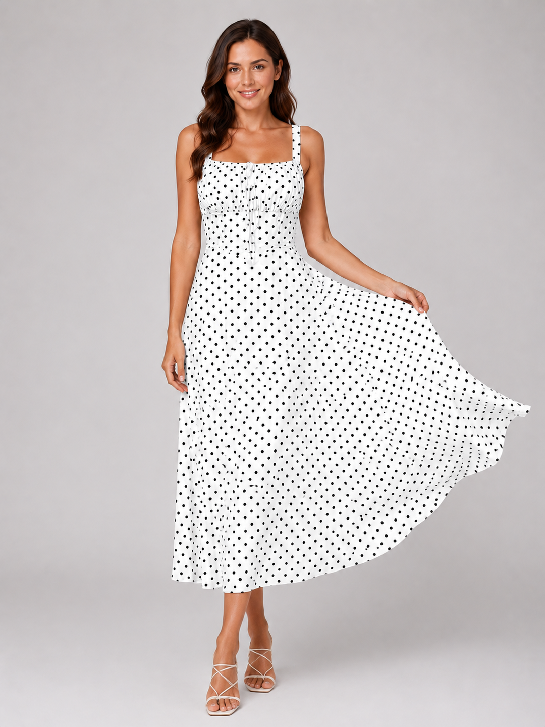 Women’s Polka Dot Midi Dress with Ruched