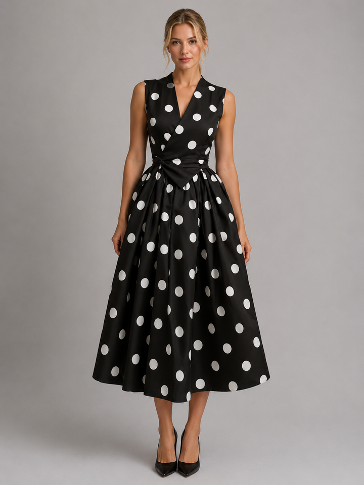 Women’s Polka Dot Midi Dress with V-Neck