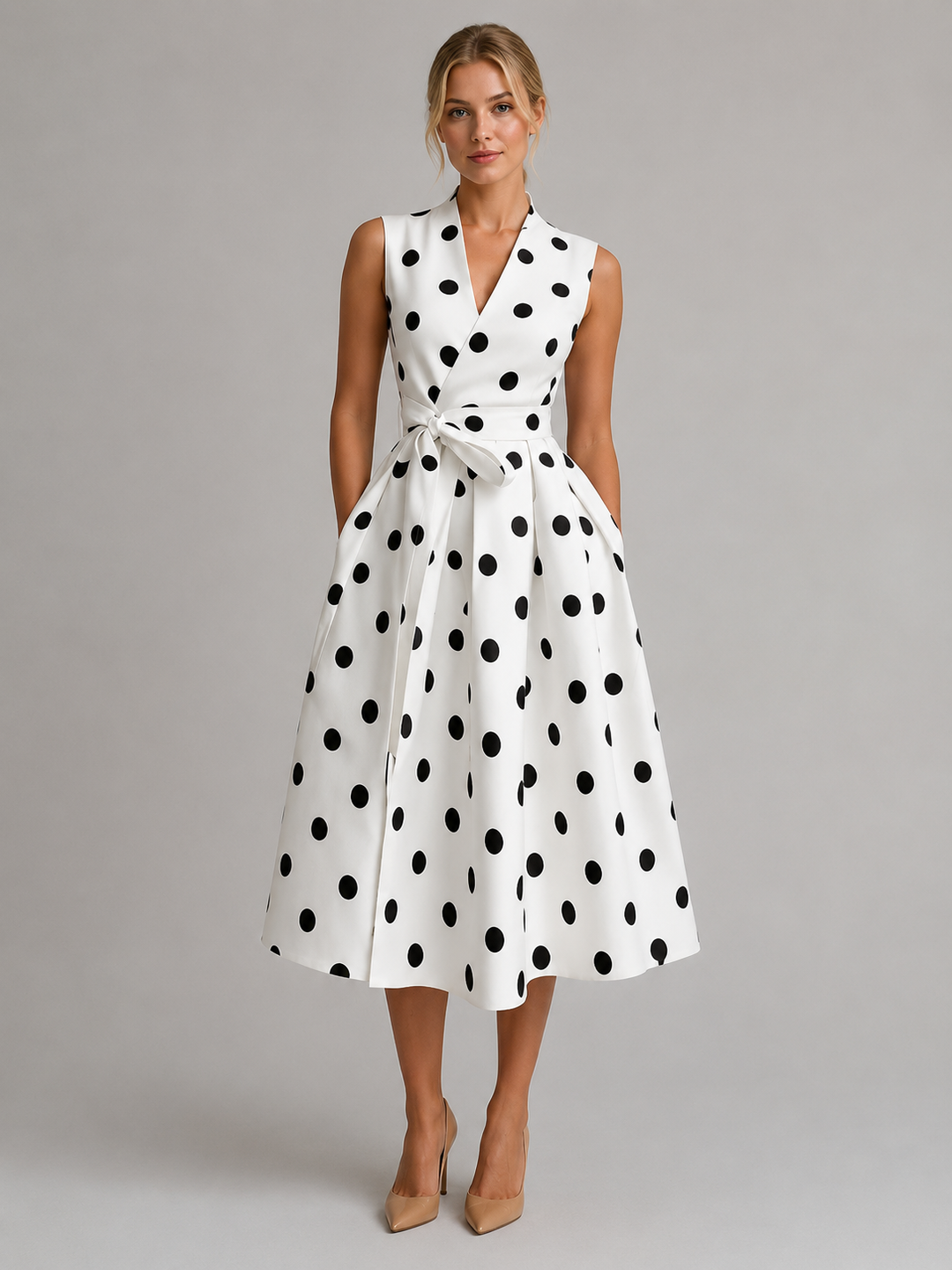 Women’s Polka Dot Midi Dress with V-Neck