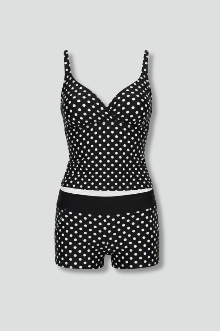 Women's Polka Dot Wrap Top Tankini Set with Shorts - Beach Ready