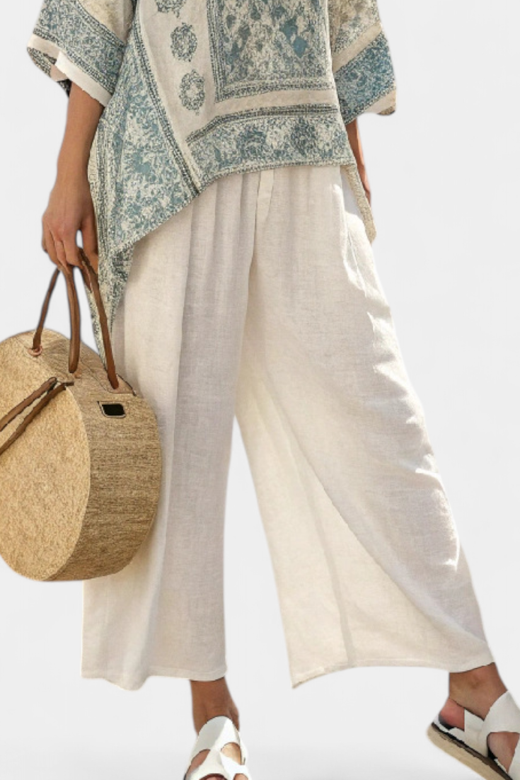 Women's Printed Blouse and Wide Leg Trousers with Blue Motifs for Coastal Days