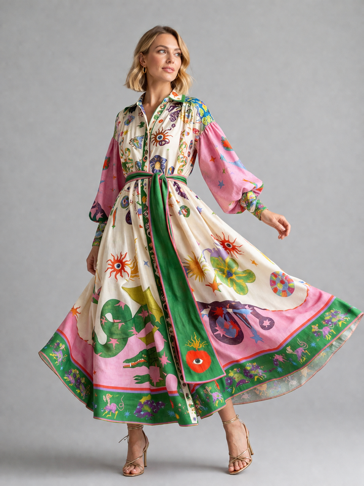 Women’s Printed Maxi Dress with Belted Waist