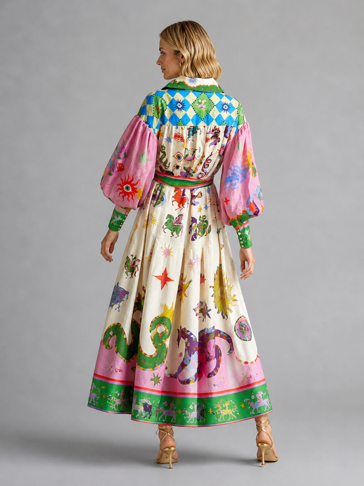 Women’s Printed Maxi Dress with Belted Waist