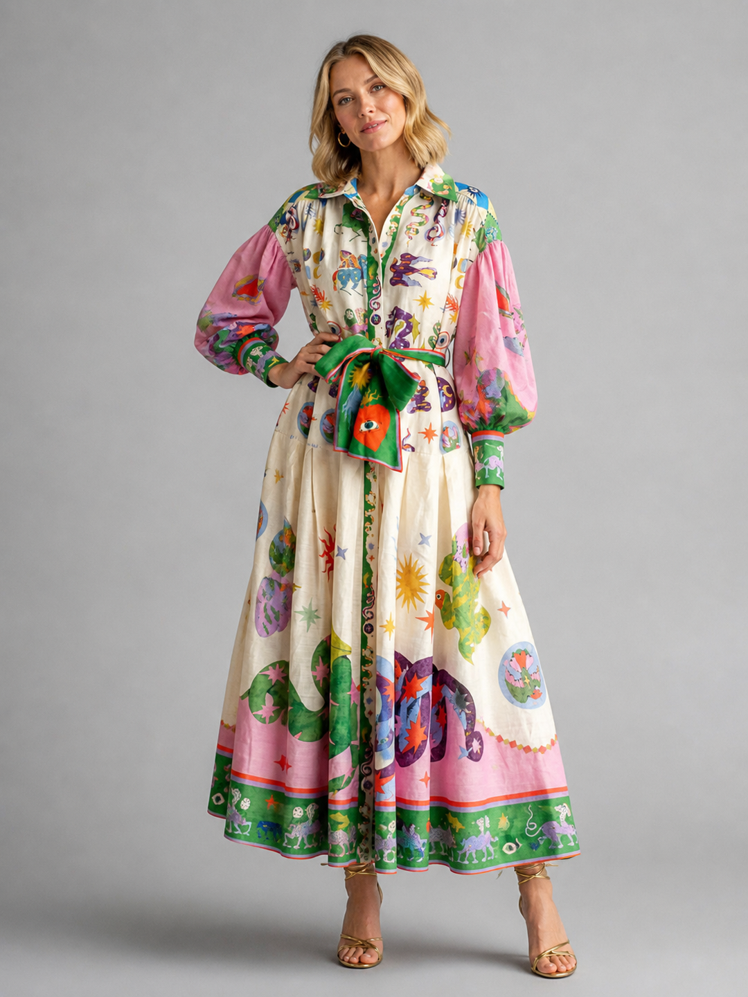Women’s Printed Maxi Dress with Belted Waist